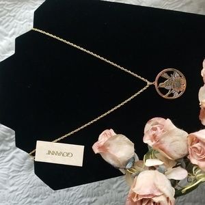 Vintage 70s Giovanni Damascene Bird & Flower Pendant & 18" Goldtone Chain